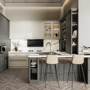 American-Inspired Kitchen with Bespoke G-Shaped Grey Cabinets - Viloa
