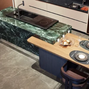 Modern Luxury Earth Tone Kitchen Cabinets With Green Island - Golden Years
